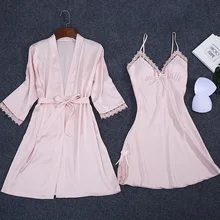 Розовый комплект-двойка, халат, кимоно, банное платье, сексуальная пижама, атласная ночная рубашка, женская ночная рубашка, кружевная Домашняя одежда, интимное белье, M-XXL