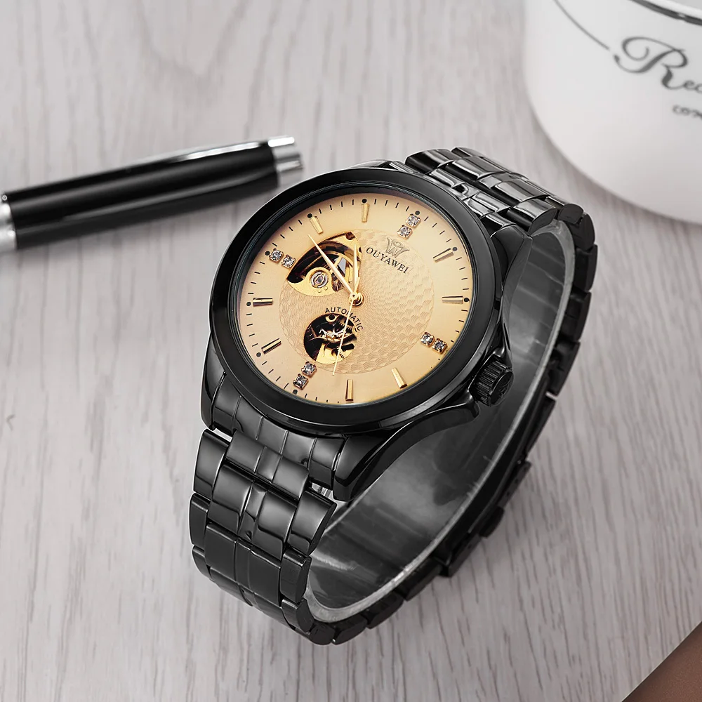 

Hot Sale OUYAWEI Fashion Mens Watch Men Skeleton Design Man Mechanical Watch Black Steel Band Waterproof Wristwatch Relogio Saat