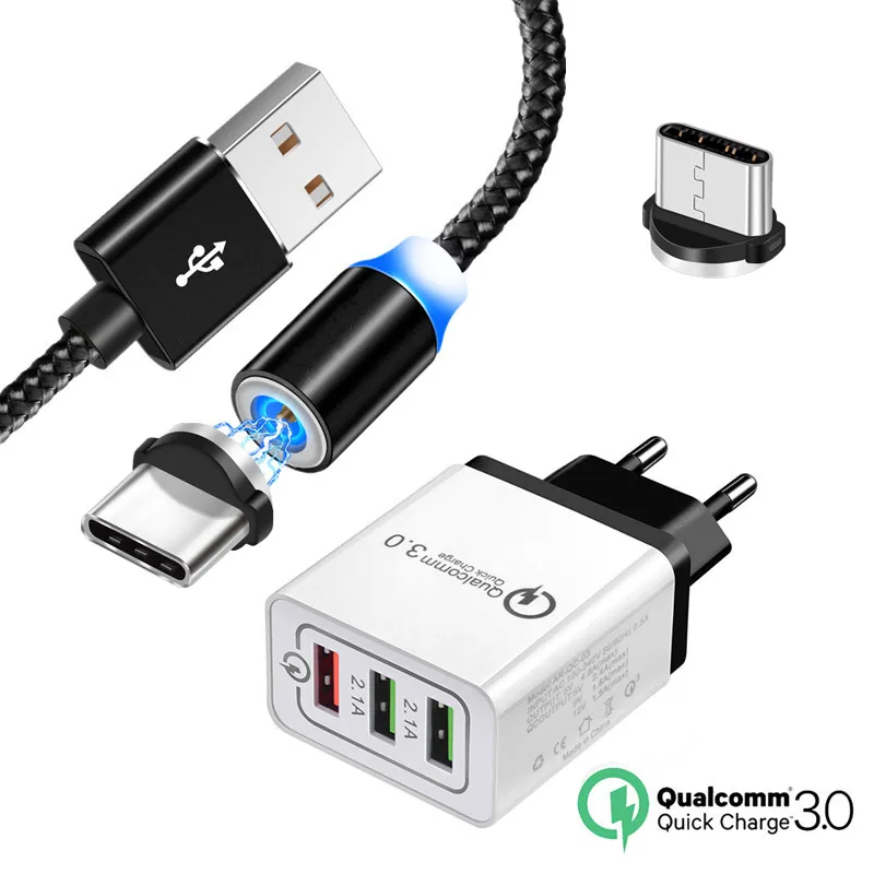 

OnePlus 7 Pro Phone QC 3.0 Fast charger & magnetic Type C USB Charge Cable For Samsung galaxy A50 A80 S8 S9 LG G6 HTC 10 EVO U11