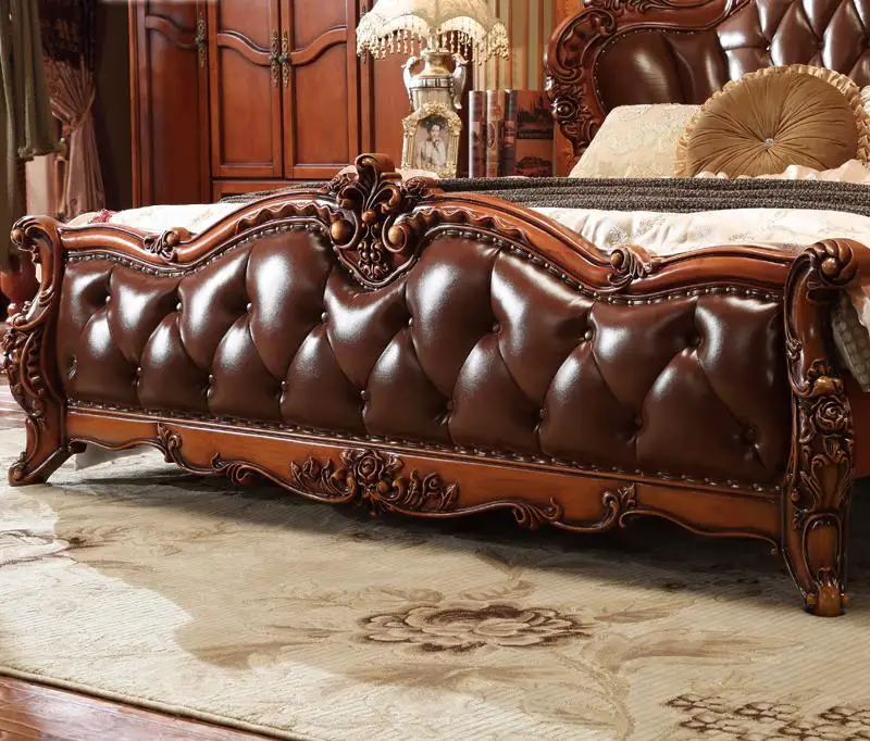 European Style Wooden Double Bed Furniture, Bedroom, Luxury Villa, American Leather Bed.