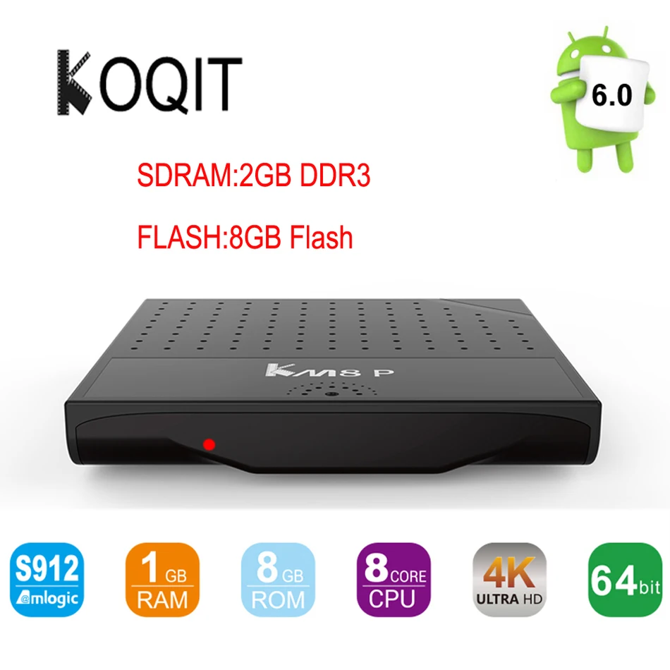 

KOQIT KM8P Amlogic S912 Octa Core TV Box Android 6.0 H.265 4K Smart Set Top Box (2G RAM 8G Flash) 2.4GHz WiFi HDMI 2.0 4K 17.0