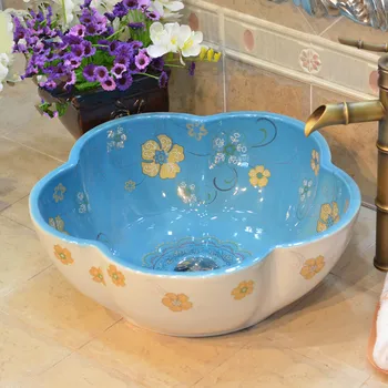 

Flower shape Porcelain China Classic Art lotus bathroom sinks ceramic countertop hand painted ceramic vessel sink