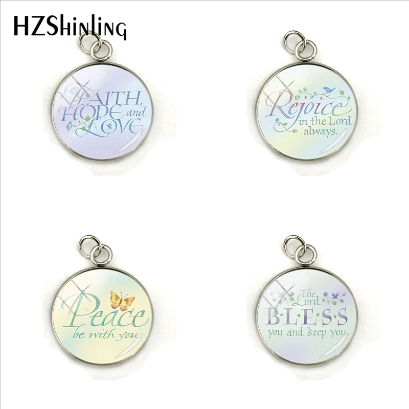 

New Fashion Expressions of Faith Hope Love Rejoice Bless Peace Words Glass Dome Round Pendants Movement Quotes Charms Gifts