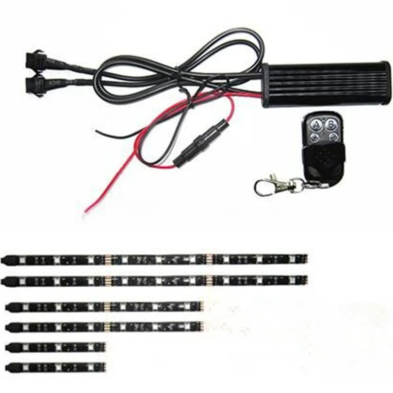 

LDDCZENGHUITEC 6pc RGB 72-LED Motorcycle Lighting BLUE/RED/GREEN Neon Glow Light Strips Set Kit With 15 Color Remote Controller