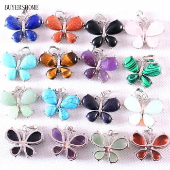 

25x30MM Silver Color Women Butterfly Necklace Pendant Natural Stone Beads Howlite Lapis Opal Sandstone Green Aventurine 10Pcs