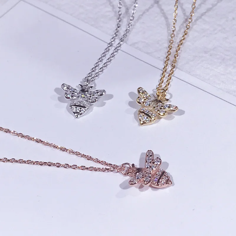 

New Arrival Fashion Designer Women Statement Sparkling Zircon Bee Pendant Pure 925 Sterling Silver All Matching Women Necklace