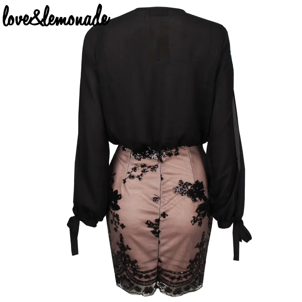 Черное платье с v-образным вырезом и длинными рукавами с блестками Love& Lemonade TB 9383