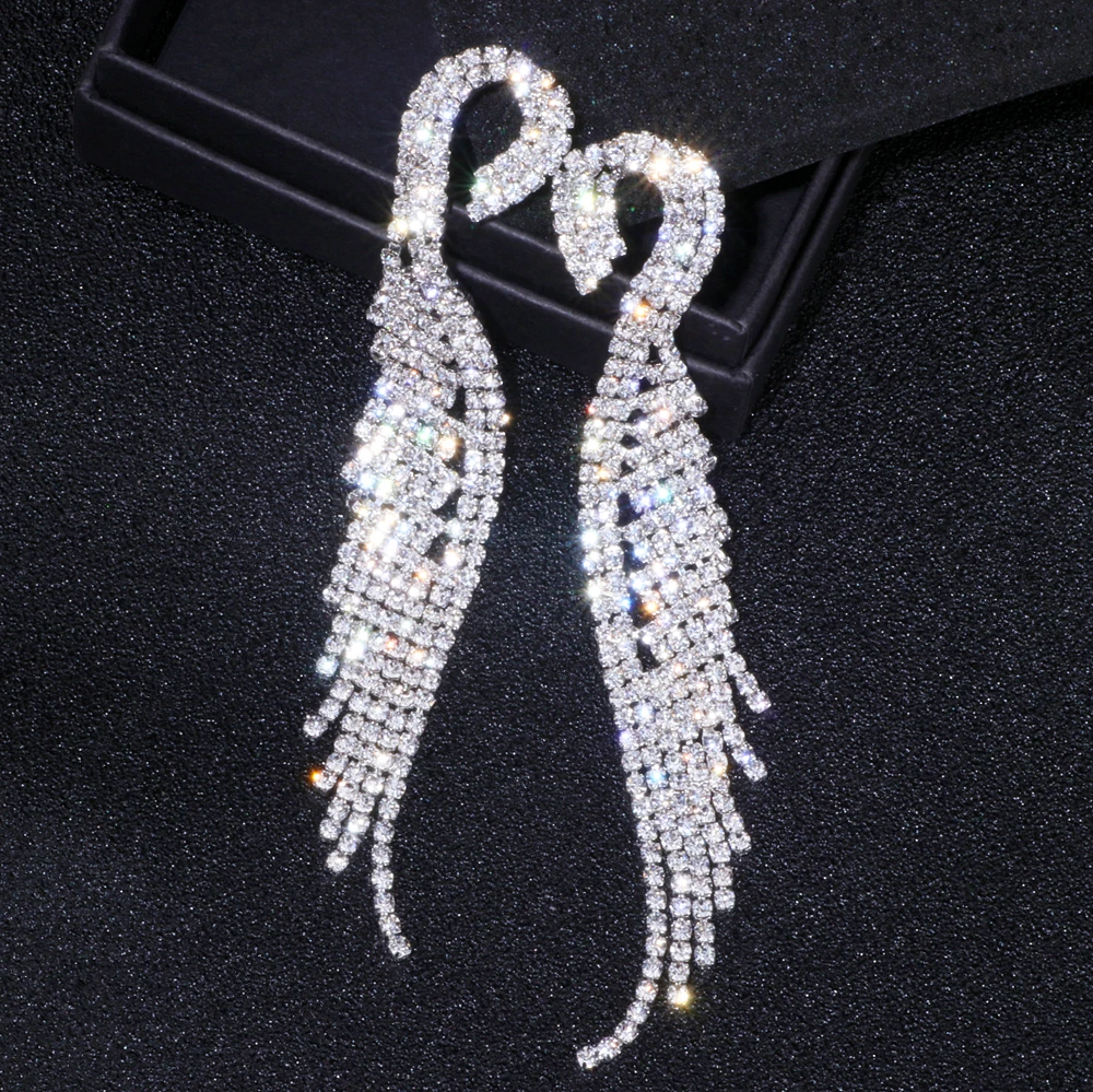 Luxury Crystal Long Tassel Earrings Classic Bridal Dangle Drop Earring Brincos Wedding Engagement Jewelry Accessories WX041