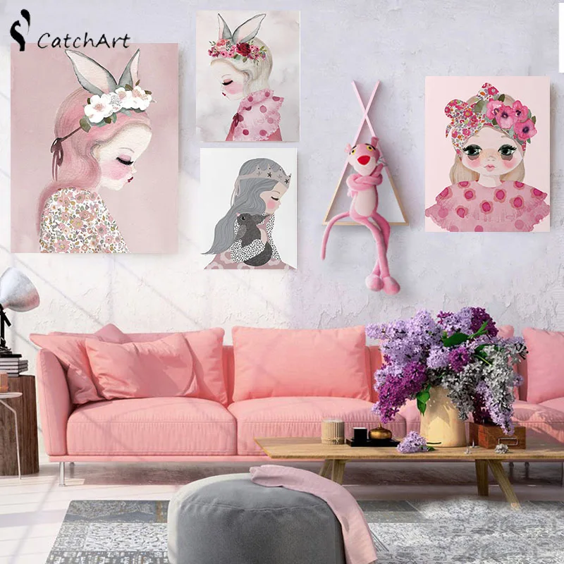 

Nordic Pink Cartoon Watercolor Flower Girl Rabbit Elf Animal Unicorn Swan Poster Canvas Painting Wall Picture Kids Room Decor