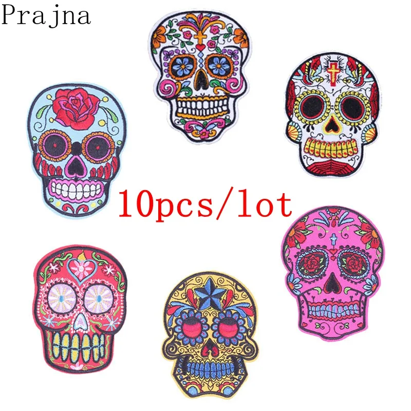 

Prajna 10PCS Sugar Skull Patch Rock Bands Biker Iron On Patches Pack Sewing Cheap Embroidered Patches For Clothing Wholesale NEW