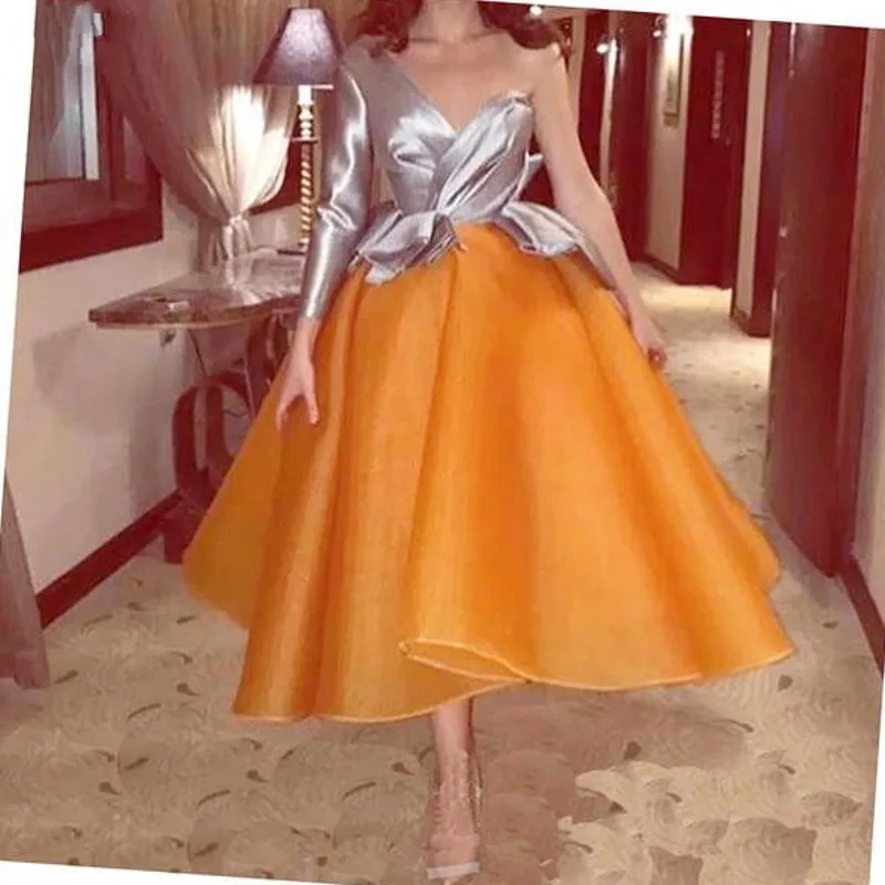 

Orange Puffy Muslim Evening Dresses 2019 Long Sleeve Tea Length Organza Dubai Saudi Arabic Long Prom Dress Evening Gown