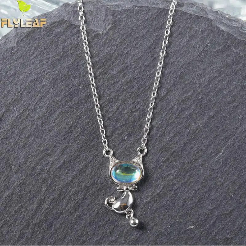 

925 Sterling Silver Necklace Women Simple Natural Stone Moonstone Cat Round Beads Necklaces & Pendants Fashion Fine Jewelry