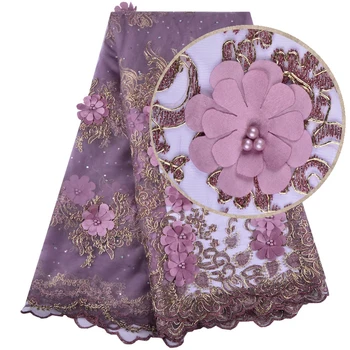 

High Quality Nigerian Lace Fabric 2019 With Beads African French Net Lace Fabric 3D Flower Embroidered Tulle Mesh Lace 1393