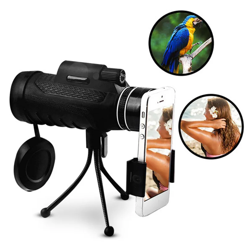 Koop Outdoor camping 40X60 HD Clear Nachtzicht BAK4 Monoculaire Telescoop Lens Optic Telefoon Camera Lens + Statief Universele voor Telefoons