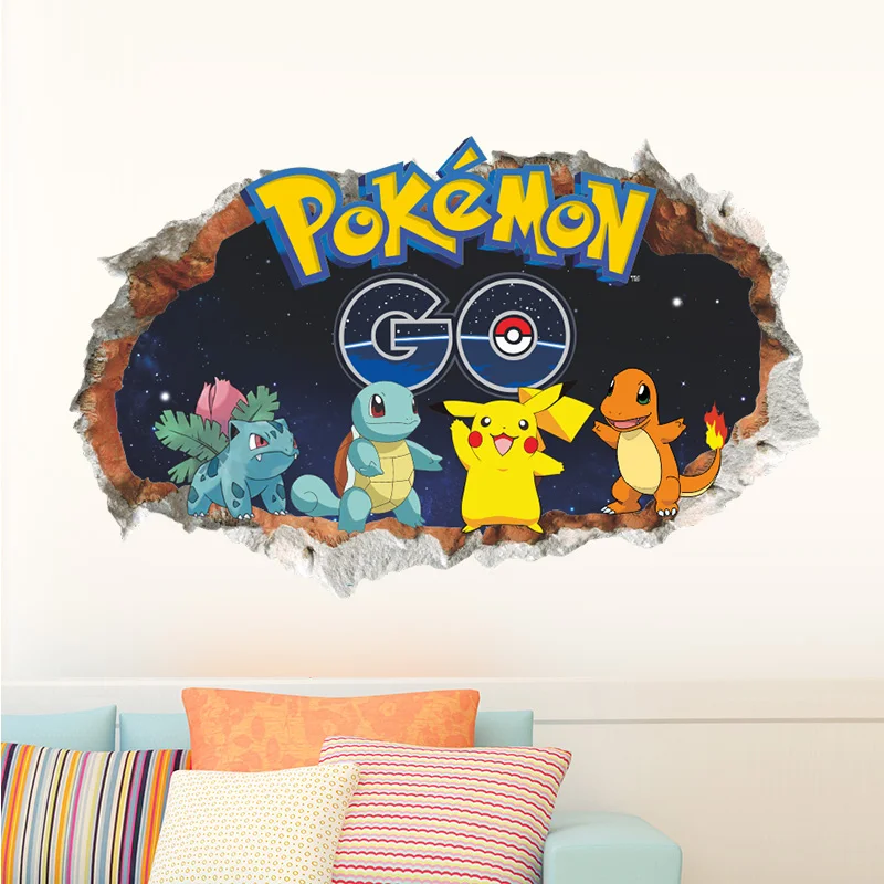 

Hot Pokemon Go Pikachu Broken Wall Stickers Decals Children's Bedroom Playroom Decor 60*90CM Mural Art