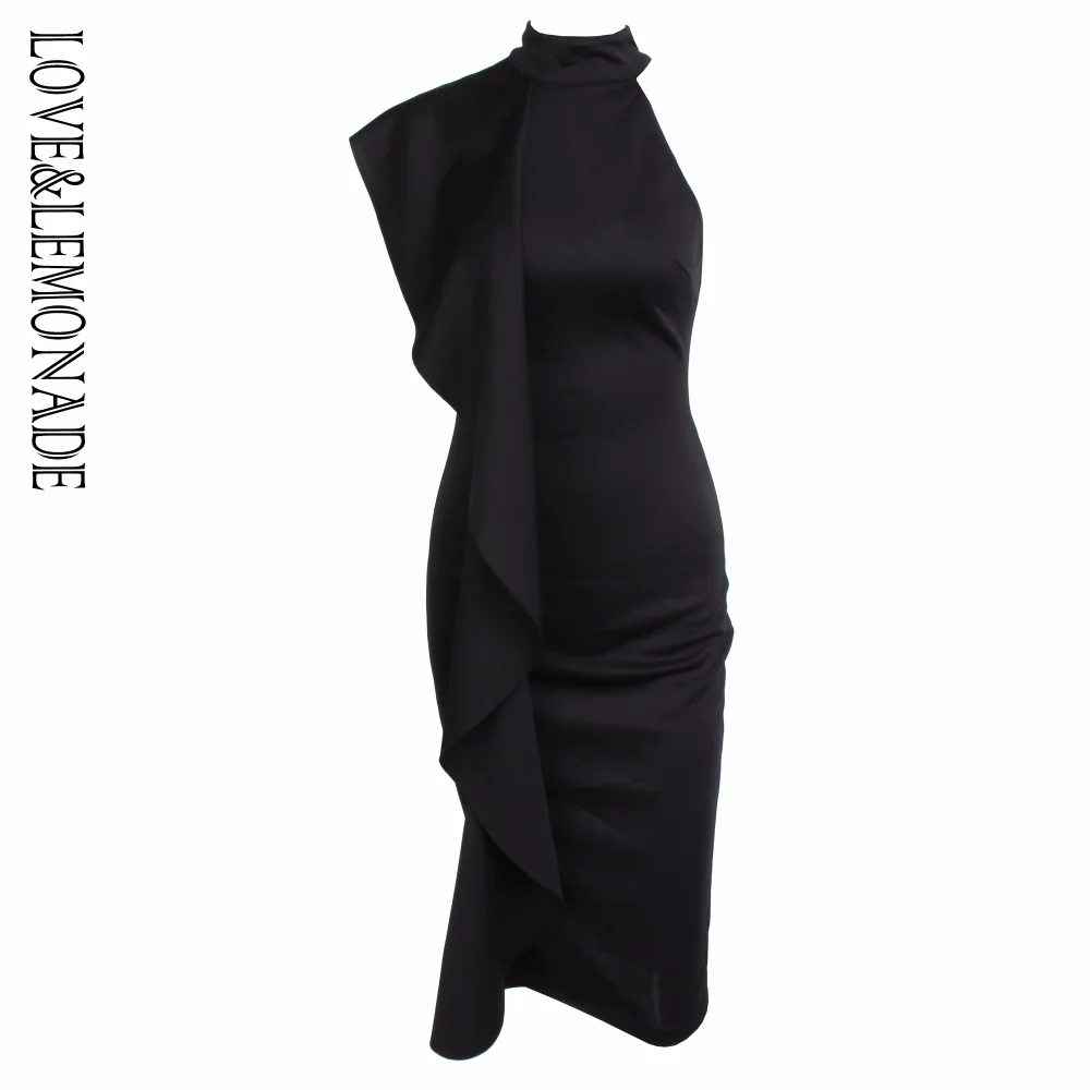 

Love&Lemonade Black High Collar Collar Lotus Leaf Slim Dress LM0339