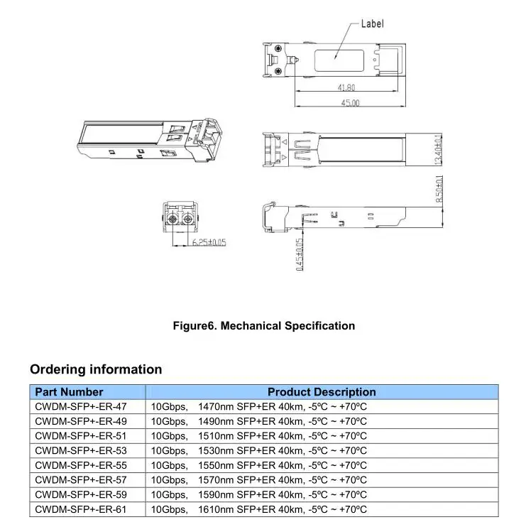 10 г CWDM-SFP +-ER, 10 г двойной Волокно, lc, 40 км, 1270nm ~ 1450nm, с шагом 20nm Неохлаждаемый CWDM SFP + Волокно трансивер модуль с ddm