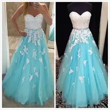 Real Photo Abendkleider Blau mit Weißen Appliques Eine Linie Schatz Luxus Perlen Perlen Spitze Formales Kleid Vestido De Festa