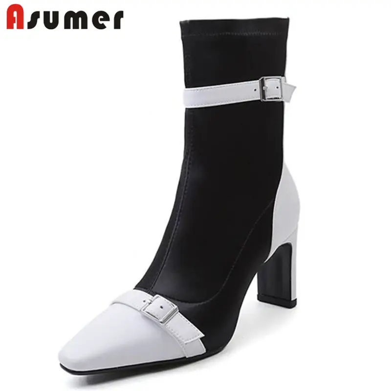 

ASUMER NEW 2020 fashion genuine leather boots zipper buckle ankle boots women square high heel square toe boots SIZE 34-42