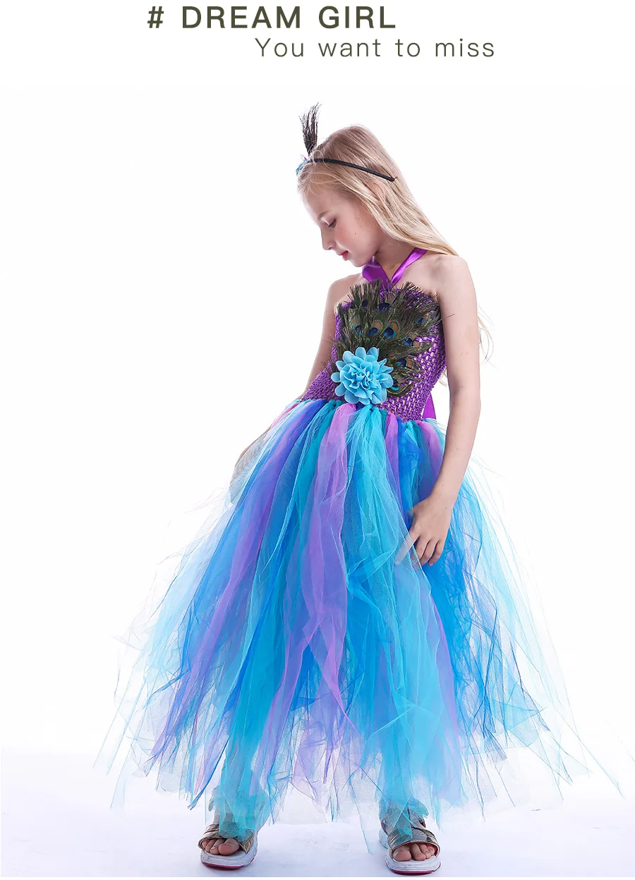 Peacock Feather Flower Girl Tulle Tutu Dress Pageant Wedding Halloween Costume Kids Birthday Party Purim Couture Dress (15)