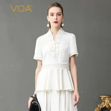 VOA тяжелый шелк Женские топы однотонные Белые Офисные рубашки с v-образным вырезом футболки в китайском стиле винтажные тонкие оборки Лето B361