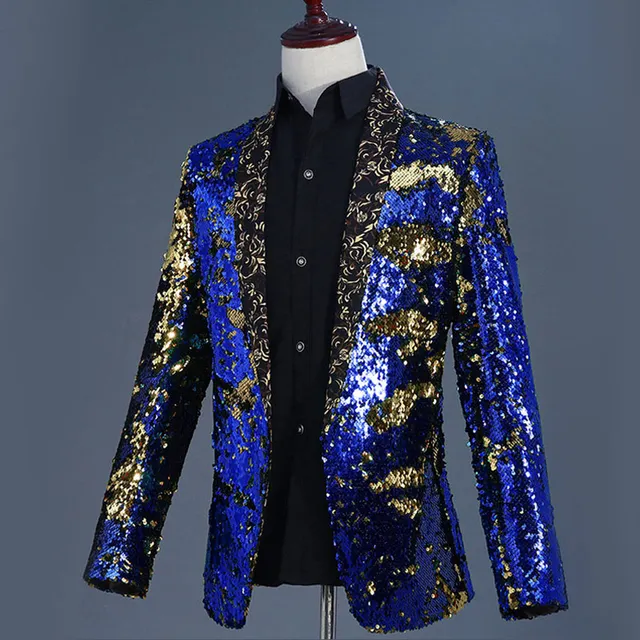 Gold Flipping Sequins Blazer Jacket Men Floral Shawl Collar Mens