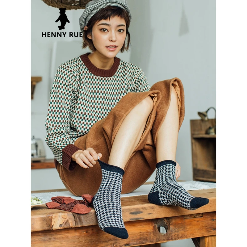 الرجعية Houndstooth و الصوف مزيج أرنب النساء الجوارب خمر البريطانية منقوشة الخريف الشتاء الجوارب الأزياء فحص شعرية جيدة الجوارب الدافئة