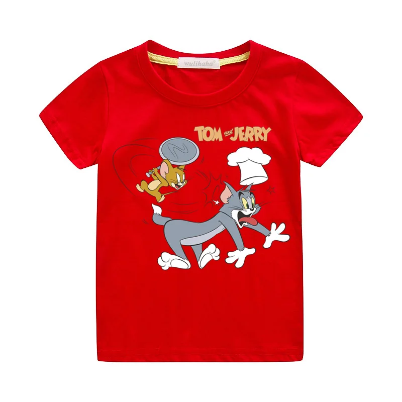 Детские футболки с принтом «Том и Джерри»; летние футболки для мальчиков; костюм; повседневные футболки для девочек; Верхняя одежда; Детские Забавные Рубашки с героями мультфильмов; ZA053
