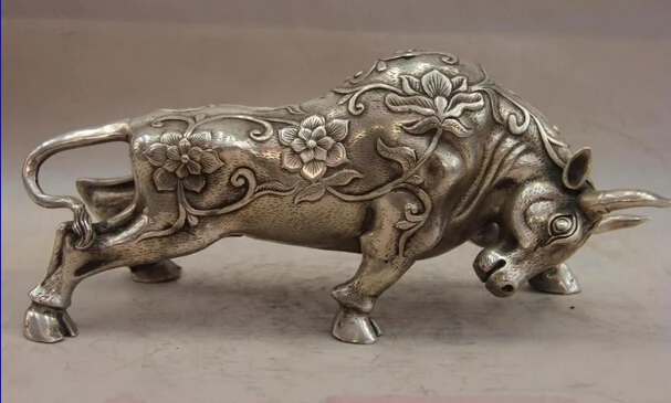

Free Shipping China White Copper Silver Animal Decorative Pattern Flower Cattle OX Bull Statue