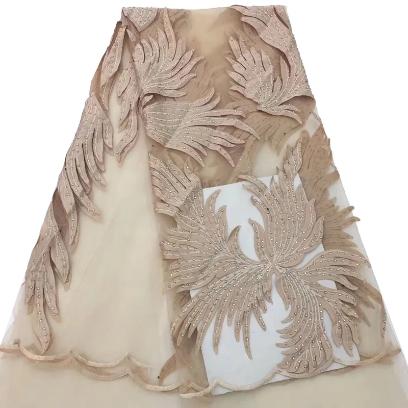 

(5yards/pc) high quality cream beige African French net lace fabric wiht laser cut embroidery and stones for party dress FLC883
