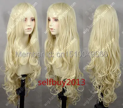 

FREE SHIP>>>A2351357 Lolita Long Light Blonde Curly Oblique Bangs Lady Cosplay Full Hair Wig Wigs
