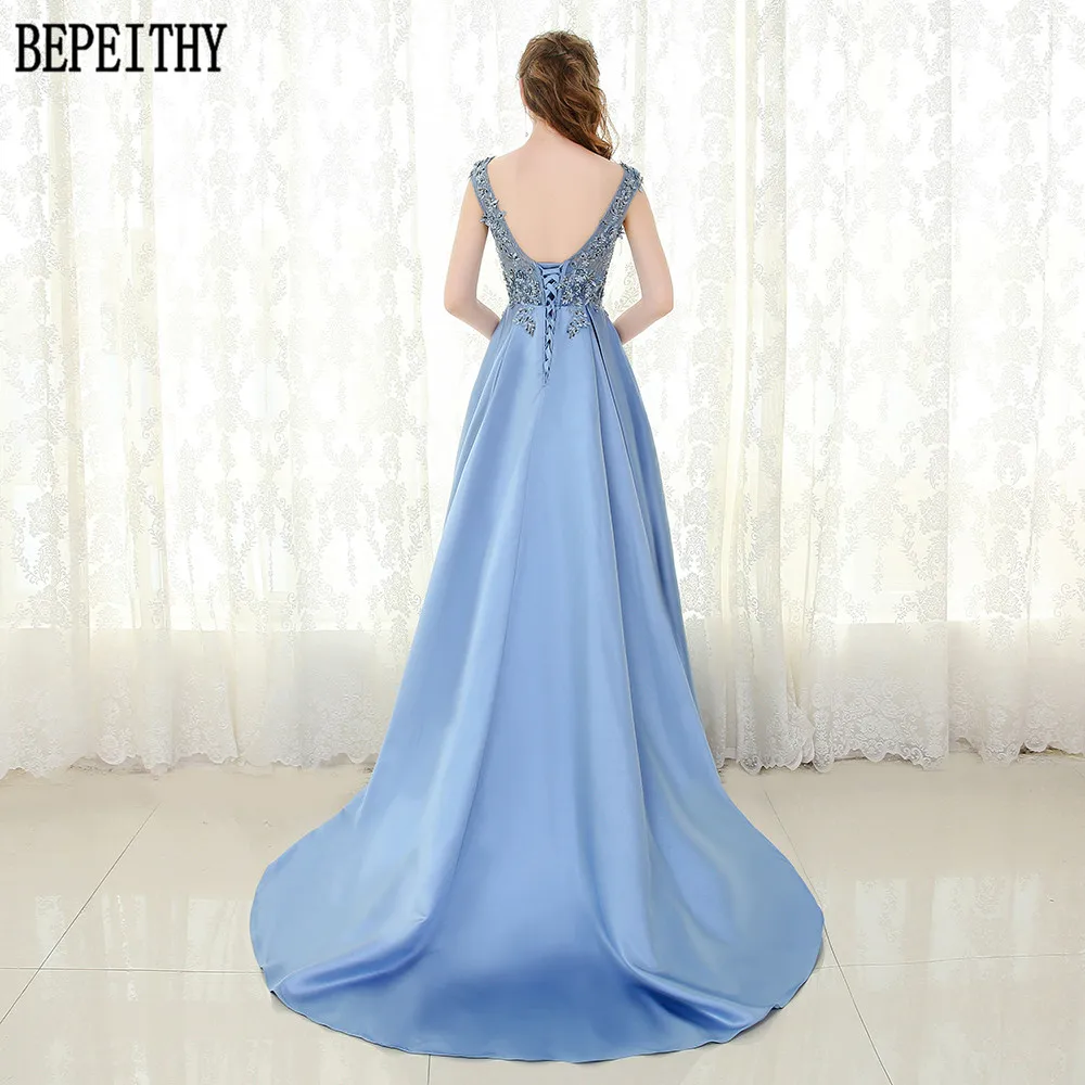 7    BEPEITHY Vestido De Festa Elegant A-Line Satin V-Neck Beads Appliques Evening Dress Party Long Prom Gown 2017 (5)