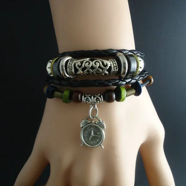 Новые модные деревянные бусы старинный будильник Амулет из натуральной кожи браслет для женщин и мужчин ювелирные изделия aliexpresss оптом