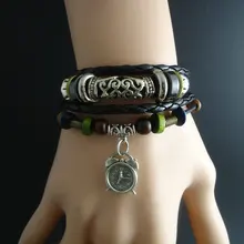 Новые модные деревянные бусы старинный будильник Амулет из натуральной кожи браслет для женщин и мужчин ювелирные изделия aliexpresss оптом