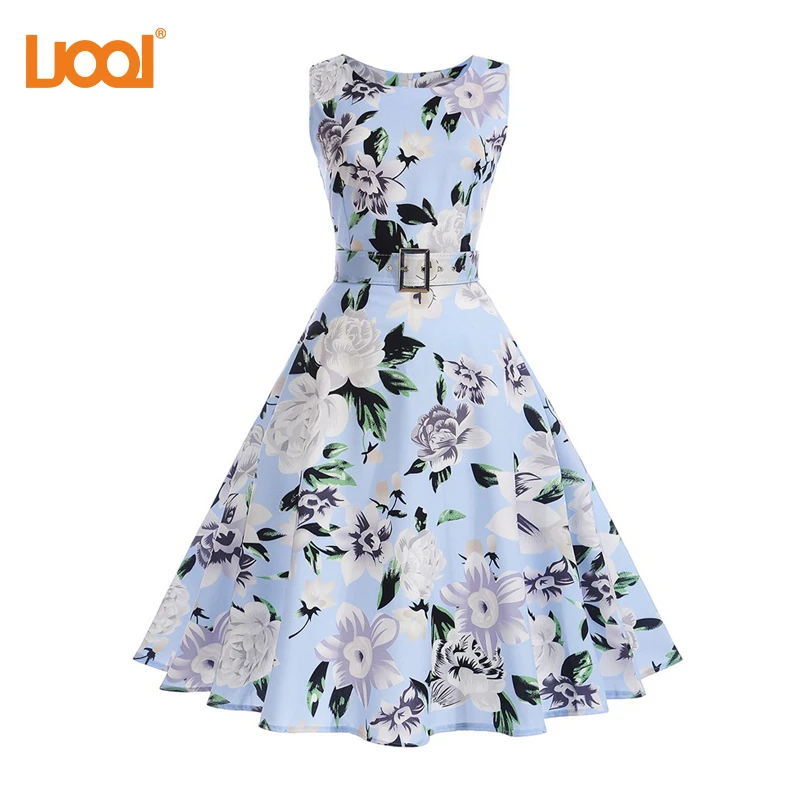 Vestidos винтажное платье Лето Цветочный Принт без рукавов вечерние платья S 50 s 60