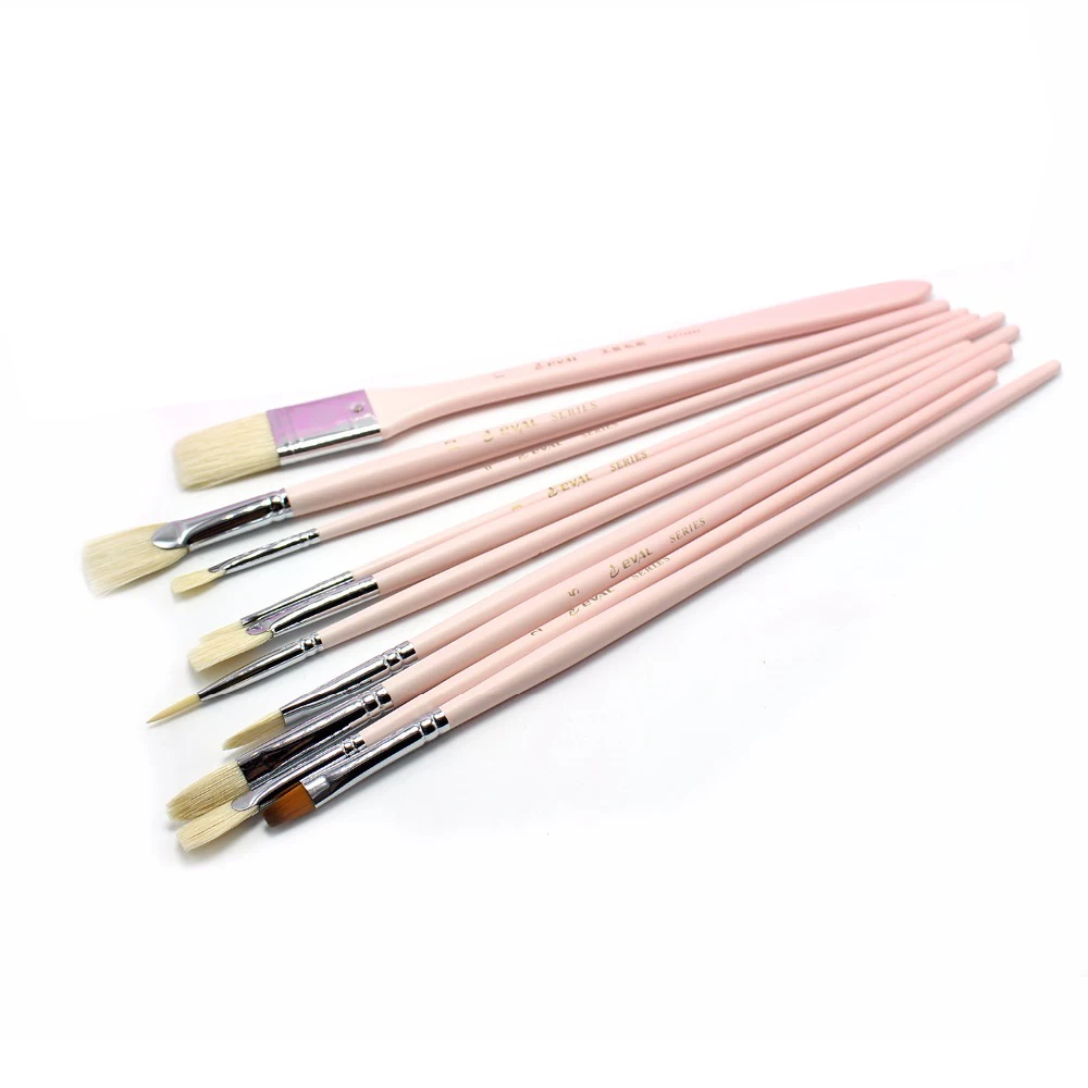 10 pcs Long Handle With Nylon Bristle Artist Pink Hair Brush Set