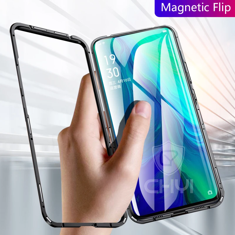 chyi magnetic case for oppo reno clear glass hard back cover metal frame protective coque shell |