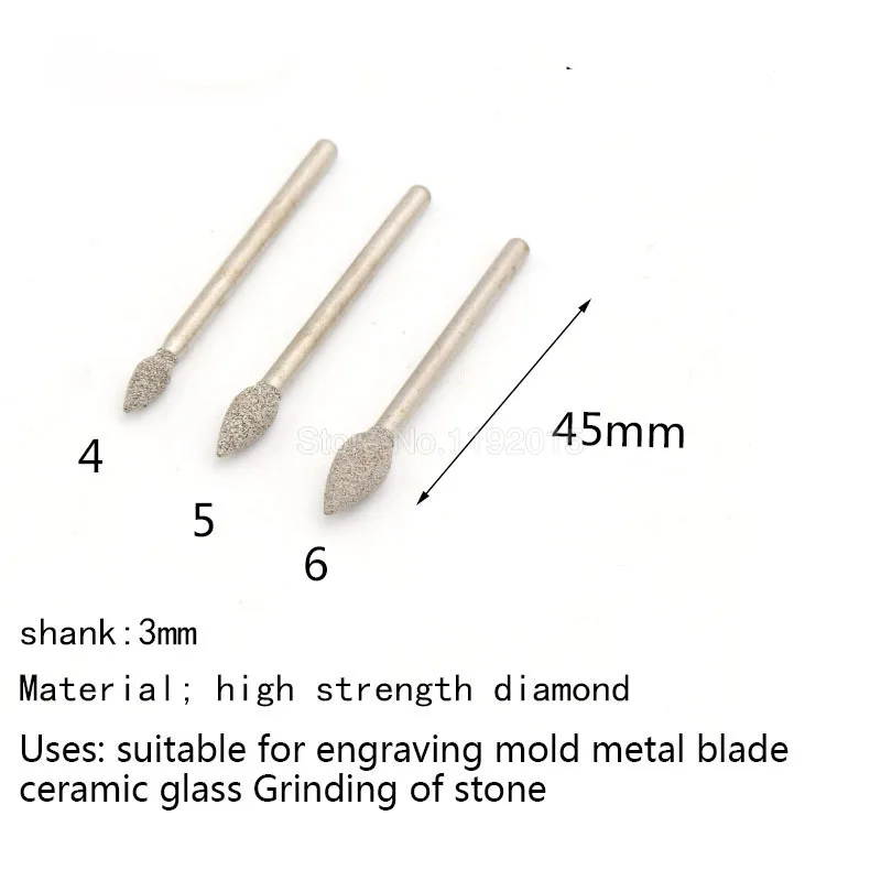 1 шт. 3 мм хвостовик Паяные алмазные шлифовальные головки оливковой формы заусенцы резьба пилинг биты для нефрита камень стекло металл керамическая фреза