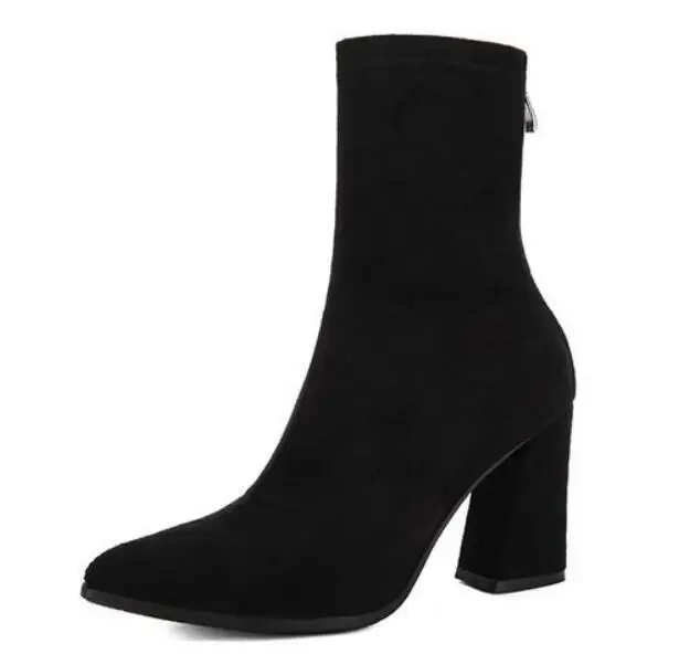 Черные Универсальные женские зимние ботинки из флока; носки до середины икры; ботинки с острым носком на не сужающемся книзу массивном каблуке; европейский бренд martin; botas feminina - Цвет: Черный