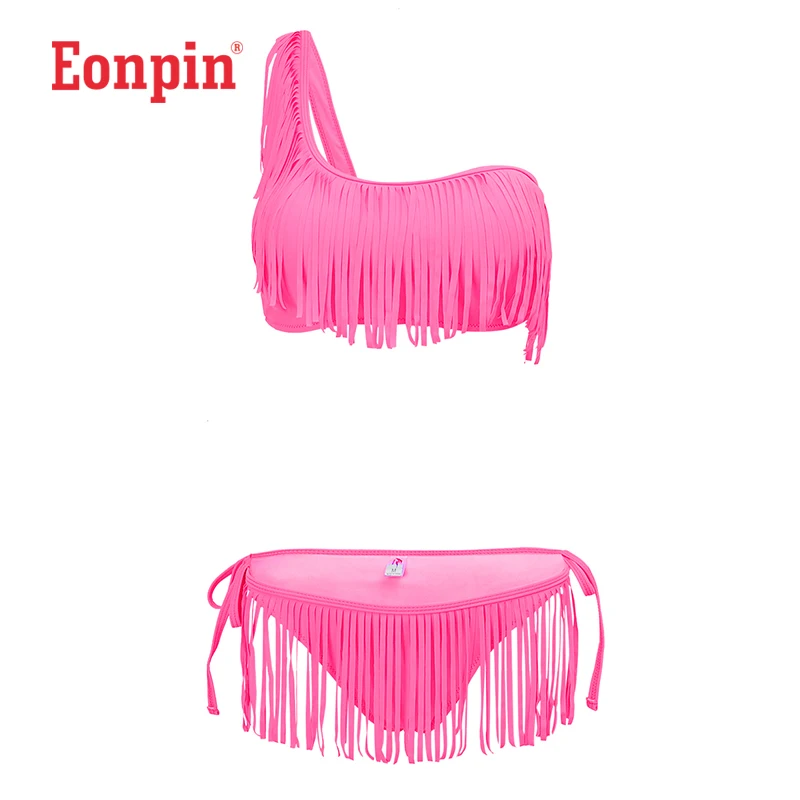 Eonpin2017SexyLadyPinkFringeFloralBandeauTasselBiquiniBeach