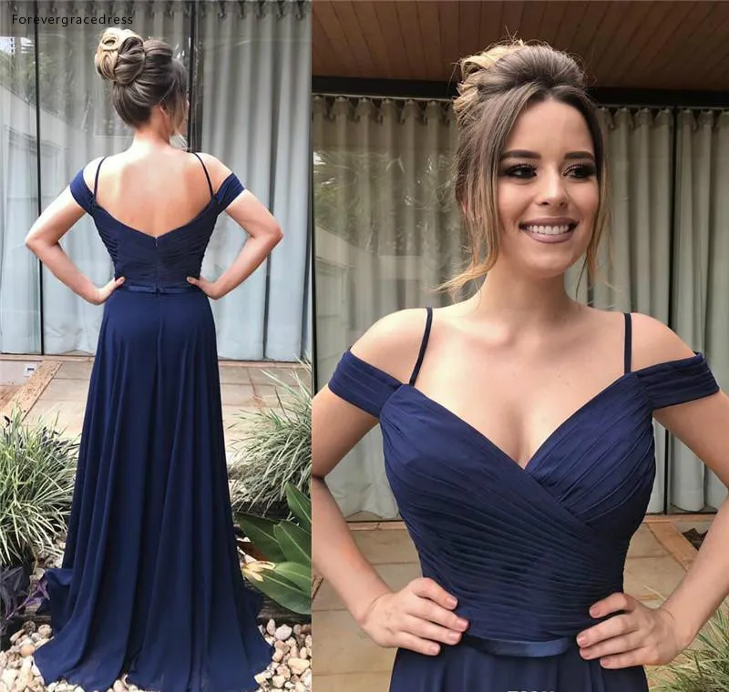 Dark Navy Bridesmaids Dresses For Western Summer Garden Weddings A Line Off Shoulders Spaghetti Flowy Chiffon Long Maid of Honor Gown BM0623  77 (1)