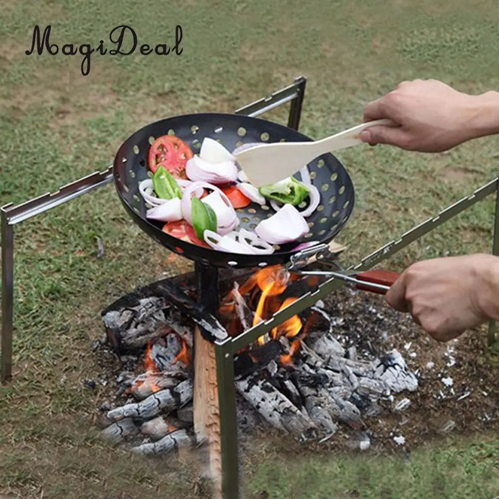 

BBQ Grill Folding Fry Pan Frying Pot Camping Charcoal Brazier Skewer Rack