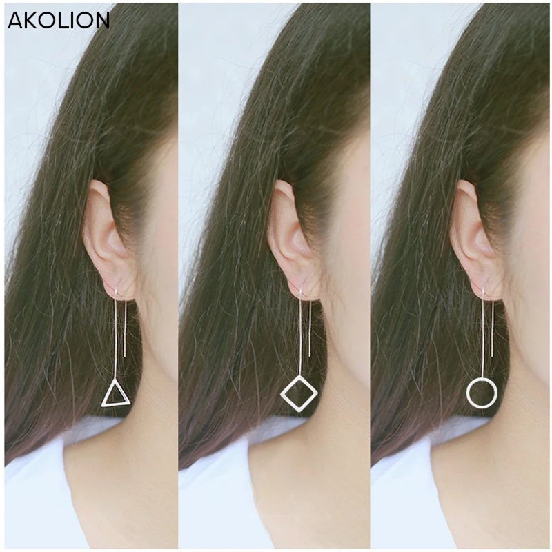 

AKOLION Fashion Silver Long Triangle Square Round Dangle Drop Earrings for Women Girls boucle d'oreille 925 Sterling jewelry
