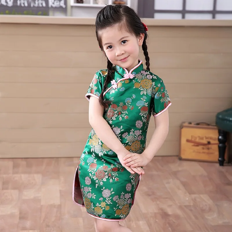 Зеленый китайский платье для девочек Дети Qipao Chi-Pao Cheongsam подарок одежда Одежда для маленьких девочек одежда с цветочным рисунком год