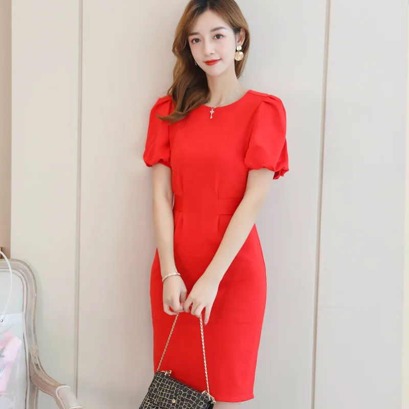

2019 Korean Casual Women Red Dress Summer Fashion Short Sleeve High Waist Dress Elegant Women Streetwear Ladies Dresses Vestidos