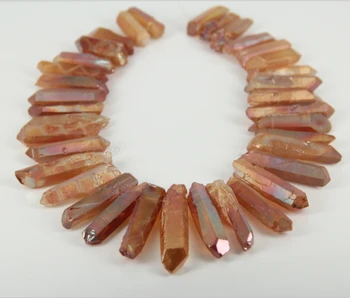 

35pcs/strand,Large Size Raw Crystals Point Bulk,Champagne Mystic Titanium Quartz Crystal Stick Bead Pendants,10-14x38-55mm