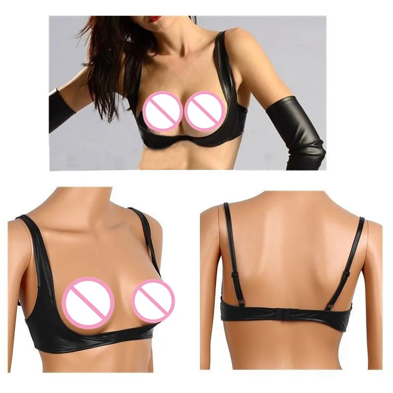 

Women Sexy Brs Lingerie Fashion Faux Leather Bra Tops Adjustable Wire-free Open Cup Bra Tops Shelf Bra Exposed Breasts Nipples