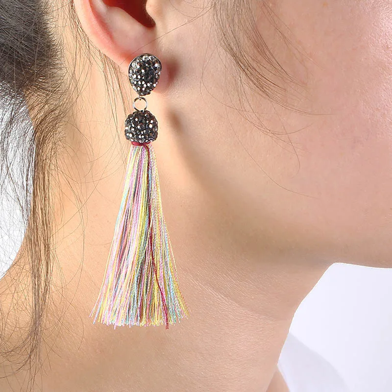  Trendy Drop Earrings Water DropWomenRhinestoneLongBohemianSilkDangleMetalBohoGold Tassel Earrings 2019 Jewelry CS241