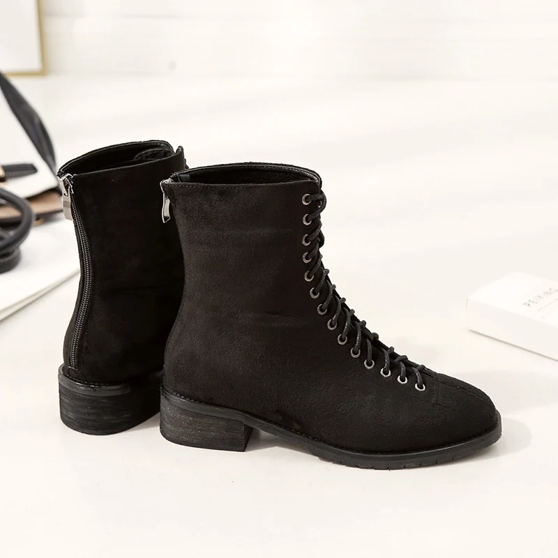 

2019 Women Fashion Martins Spring Boots Female Lace Up Plush Winter Boots Lady Flats Suede Heels Bootee Low Heels Quality Shoes