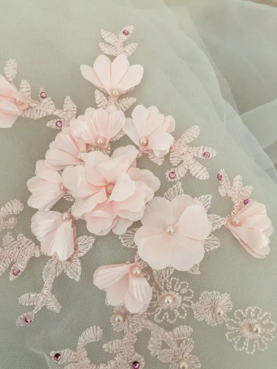 3D pearl beaded lace applique in blush pink font b bridal b font veil font b